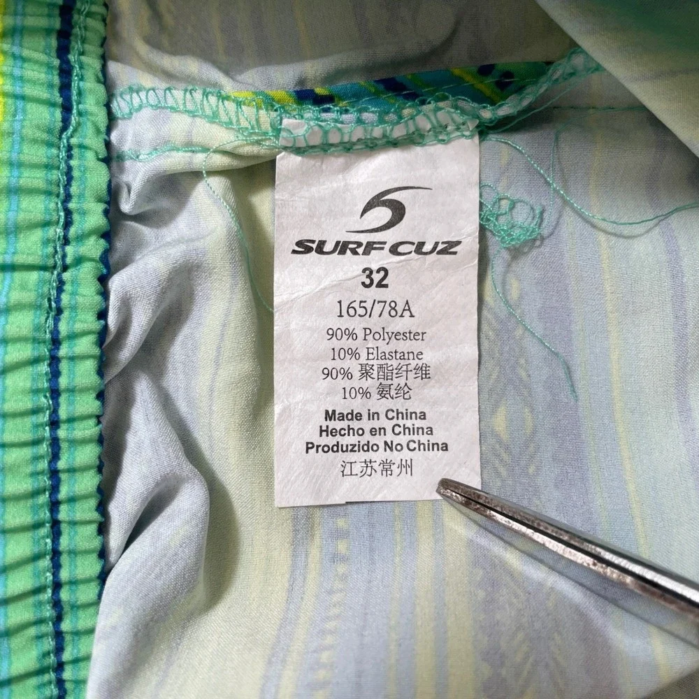 Surfcuz Women Board Shorts Size 32 Green Blue Geometric Stripe Swim Trunks NWT